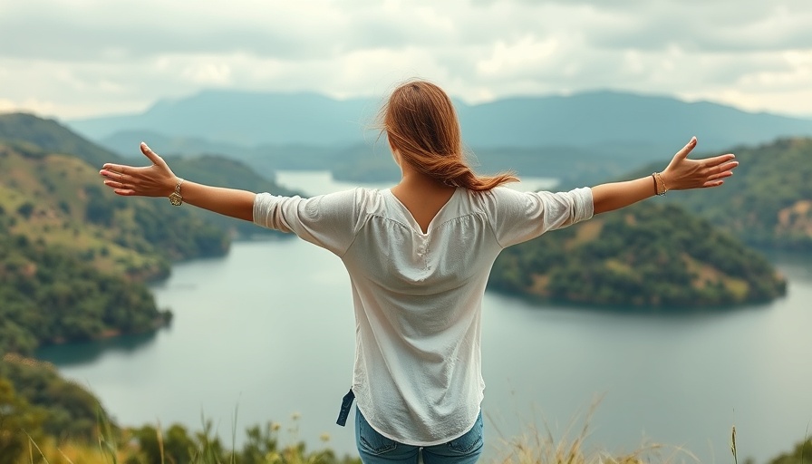 Serene landscape with woman by lake, space for serenity.