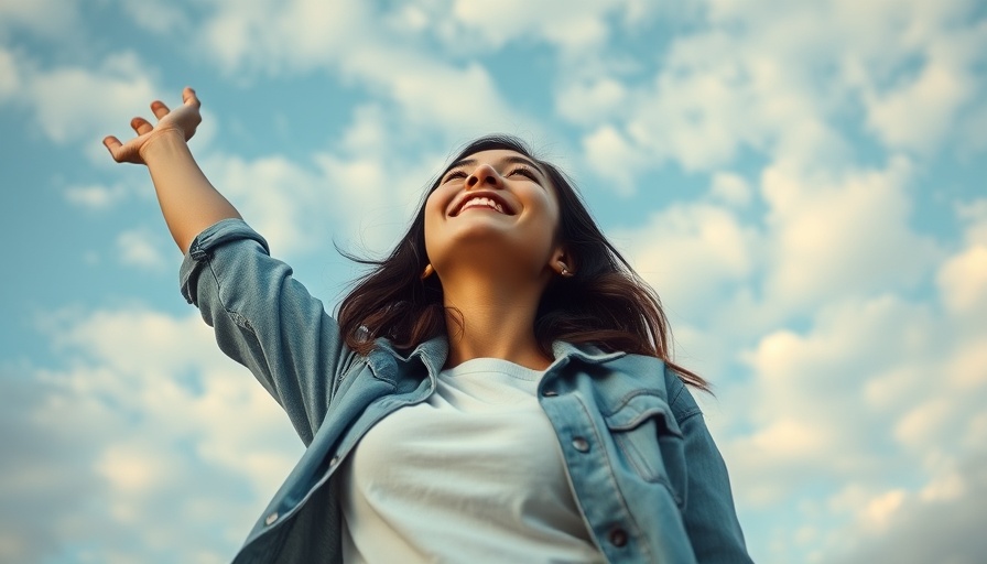 Your light illuminates the world: Joyful woman reaching towards the sky.