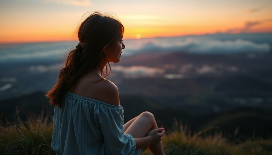 Contemplative woman embracing the sunset on a hilltop.