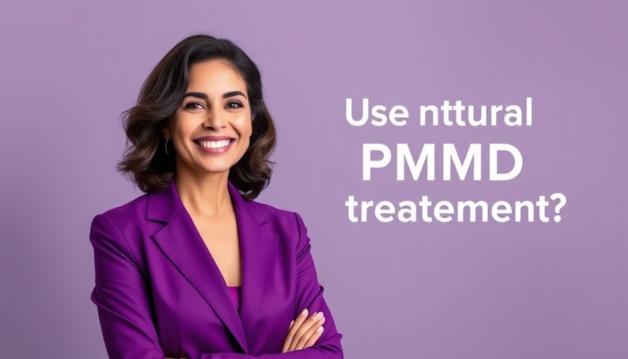 Confident woman smiling next to text about natural treatments for PMDD.