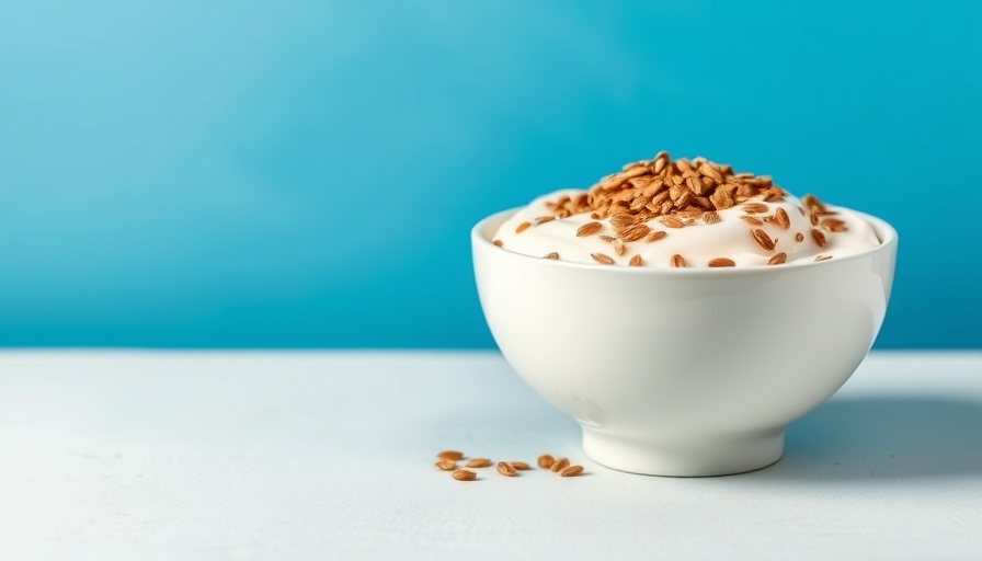 Flax Seeds and Yoghurt Benefits in vibrant bowl on blue background.