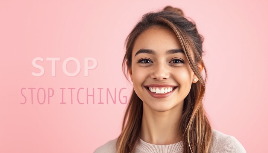 Smiling woman with 'STOP ITCHING' text, colorful backdrop.