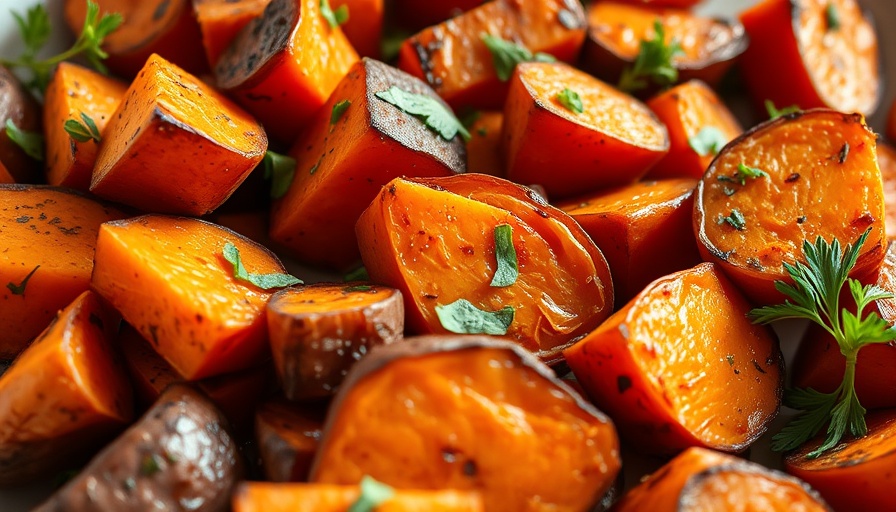 Foods for glowing skin: freshly roasted sweet potatoes with herbs.