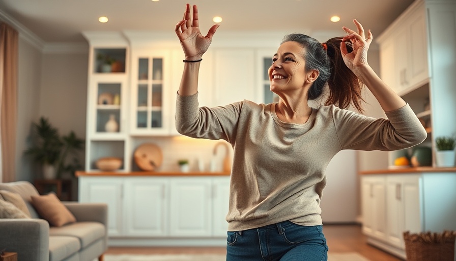 Middle-aged woman starts exercising at home, bright interior.