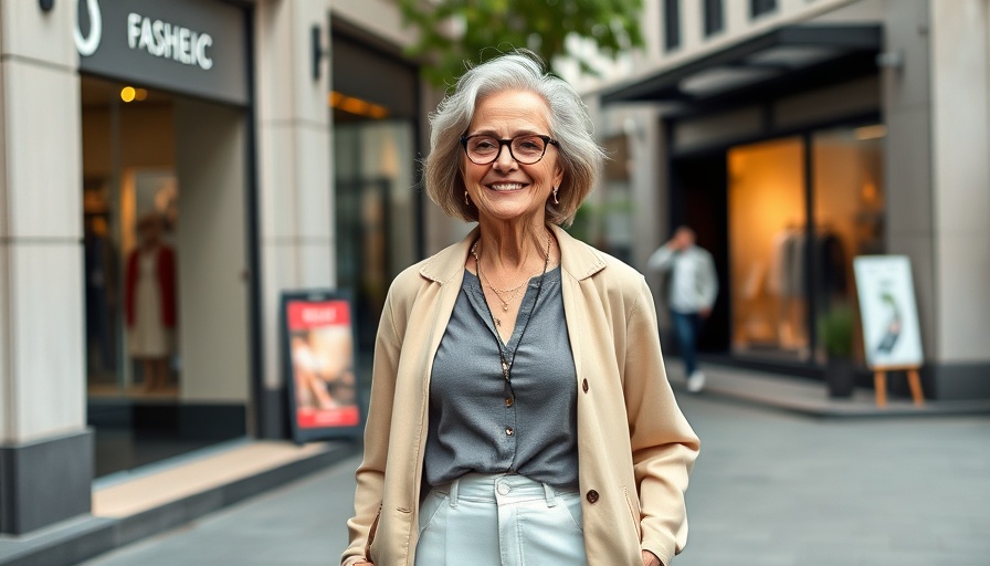 Older woman in chic casual outfit redefining aging with style outdoors.