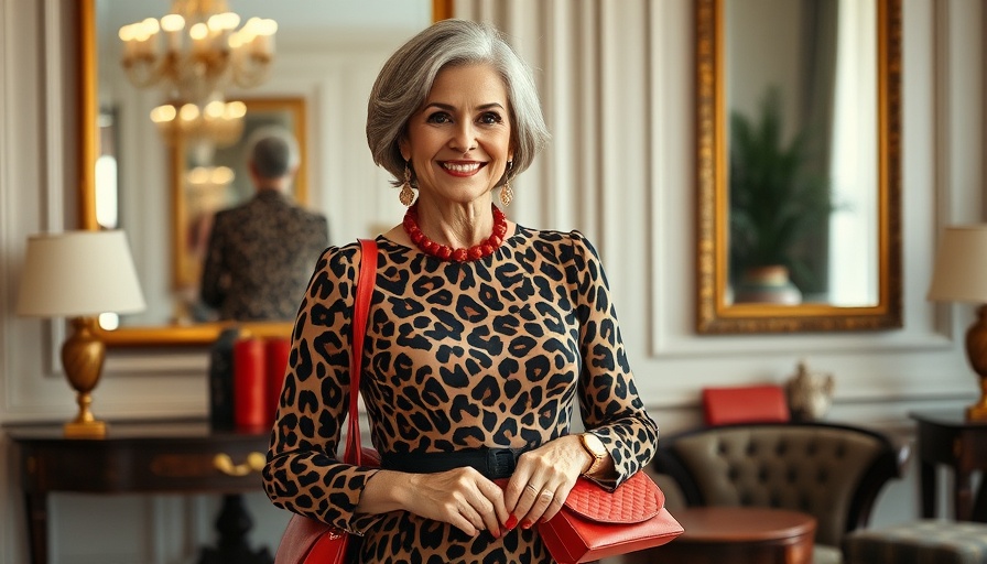 Mature woman exudes timeless style in leopard print and red, reflecting elegance.