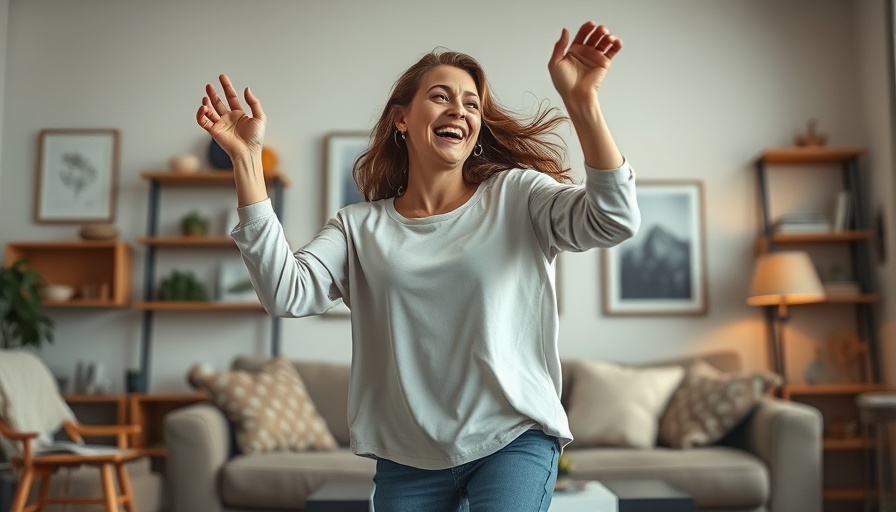 Woman enjoying 10 minute dance workout before work in cozy room.