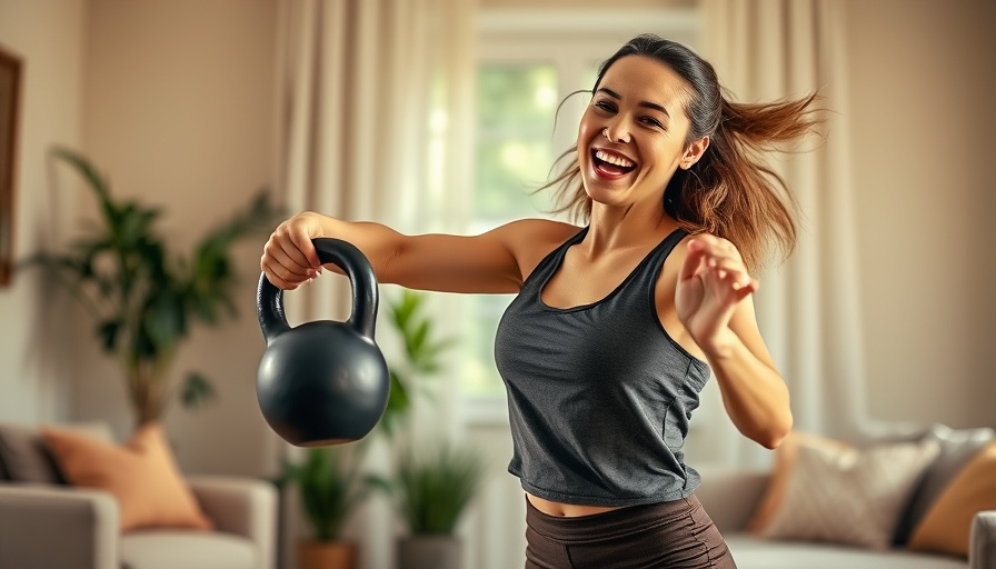 Energetic woman doing a 10-minute dance workout with kettlebell at home