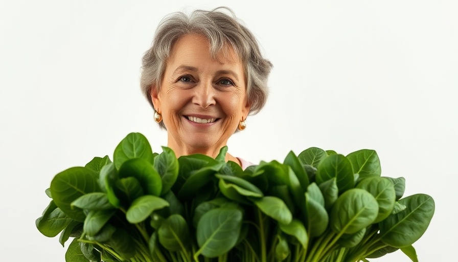 Vision-boosting vegetables with smiling woman and spinach display.