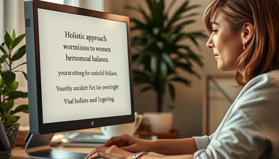 Woman reading about holistic approach to women's hormonal balance on computer, indoor setting.