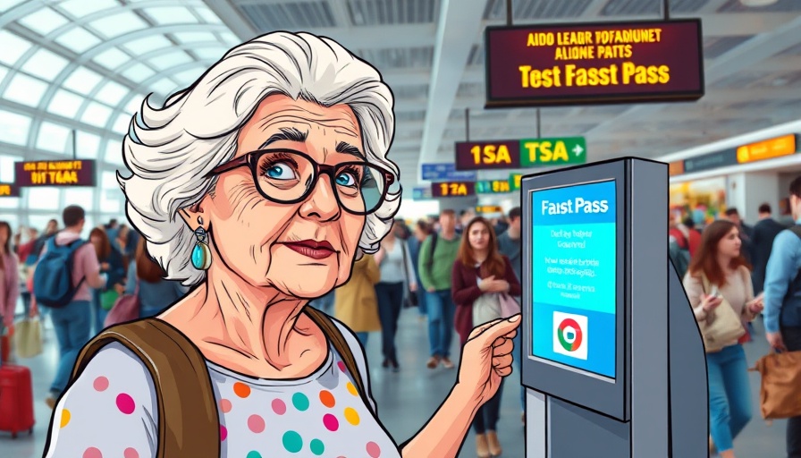 Senior woman using TSA Fast Pass in a busy airport.