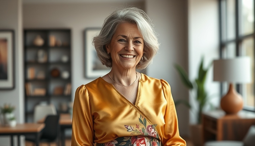 Timeless fashion for women over 50 with gold blouse and floral skirt.