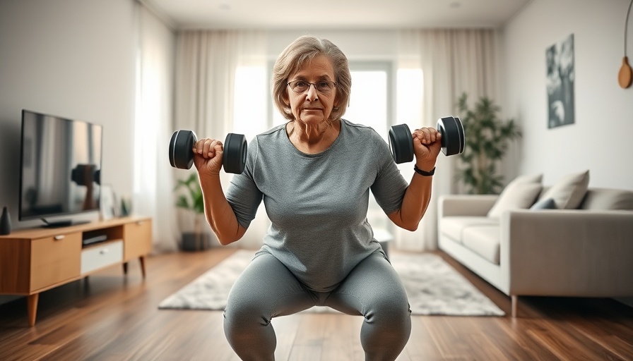 Woman exercising to get rid of wobbly thighs using dumbbells in a living room.