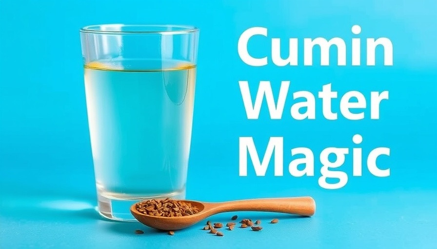 Cumin water benefits illustrated with glass and spoon in blue background.