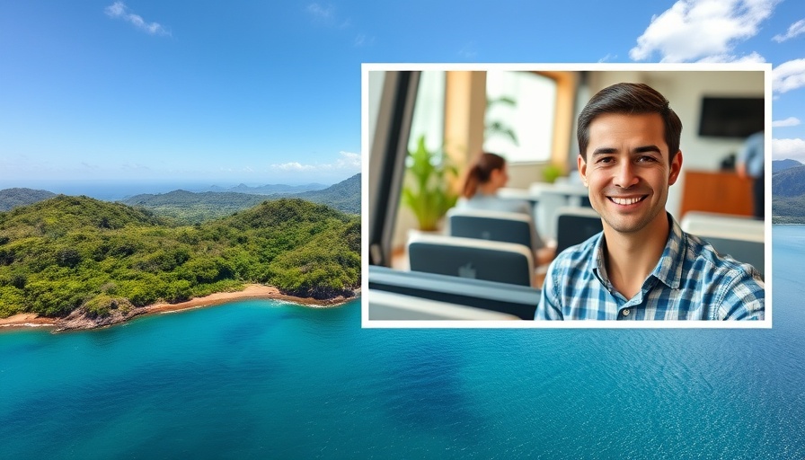 Coastline in Costa Rica with inset of smiling man, 'where to live in Costa Rica as an expat'.