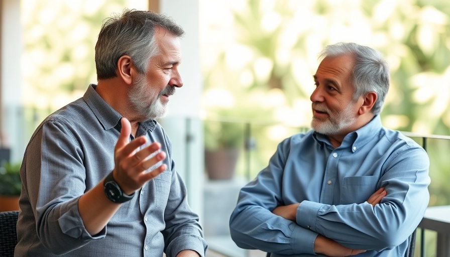 Two men discussing healthcare on an outdoor patio, CAJA system Costa Rica healthcare.