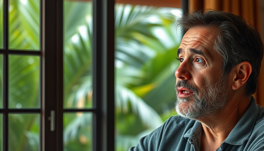 Middle-aged man discussing moving to Costa Rica with tropical background