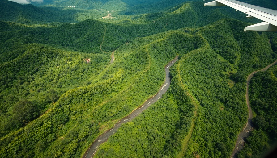 Aerial view scouting lush landscapes in Costa Rica from a plane.