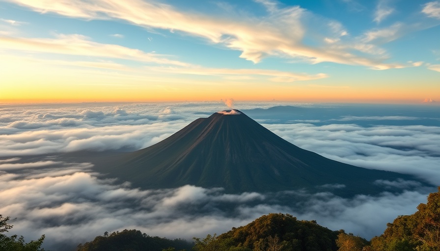 Costa Rica morning mist with volcano views.