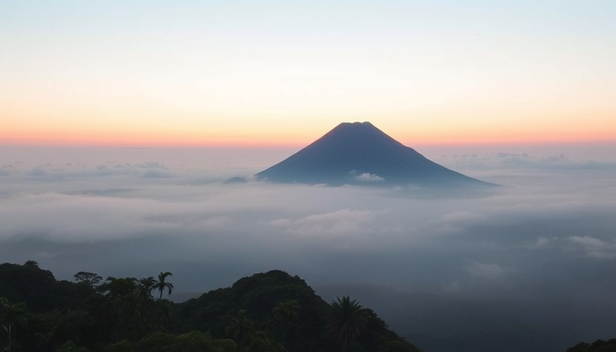 Unfiltered sunrise over Arenal Volcano with misty landscape.
