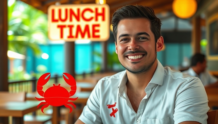 Smiling man at a Costa Rican restaurant with crab illustration.