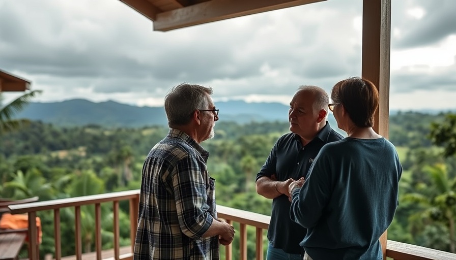 Costa Rica real estate discussion on a patio with lush landscape.