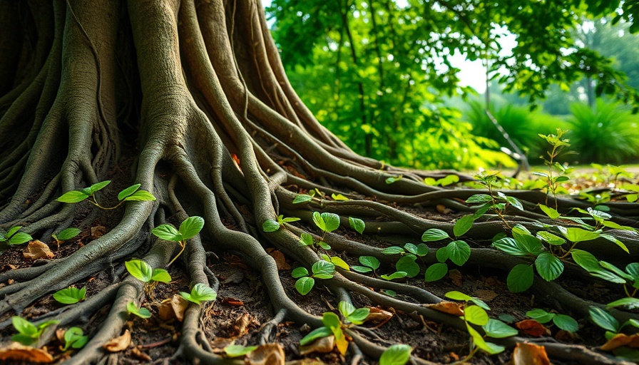 Leafcutter ants in gardening scene with tree roots and leaves.