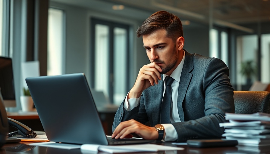 Lawyer engaged in anticipatory legal services, analyzing laptop.