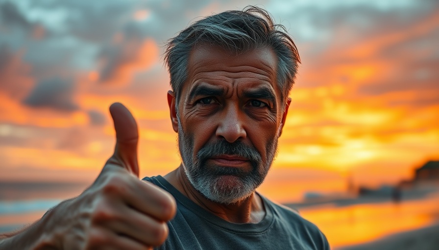 Discontent man in front of sunset, 'Overcome Pura Vida Madness'