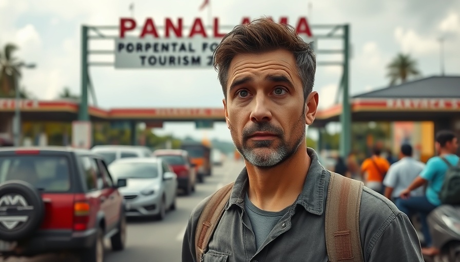 Man at Panama border pondering perpetual tourism in Costa Rica.