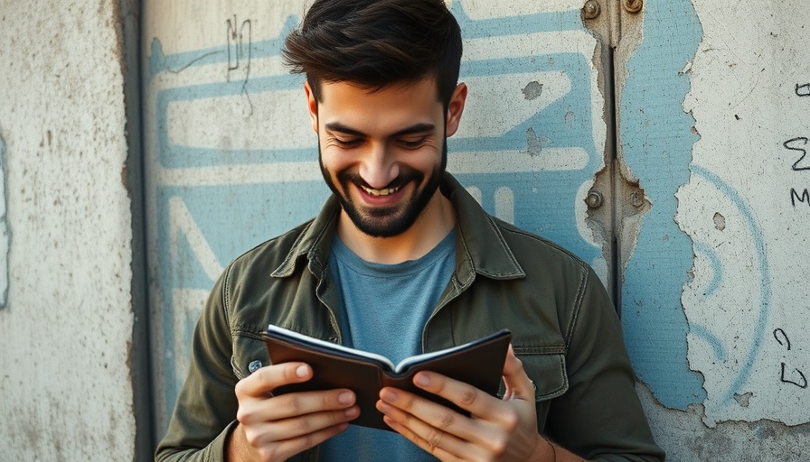 Casual man with wallet, gritty urban background.