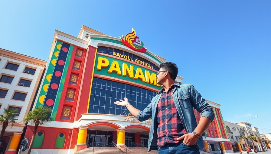 Man gesturing outside Panama duty-free zone building, exploring shopping in Panama.