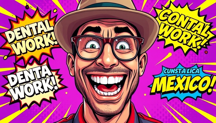 Colorful comic-style image about dental tips before traveling abroad.