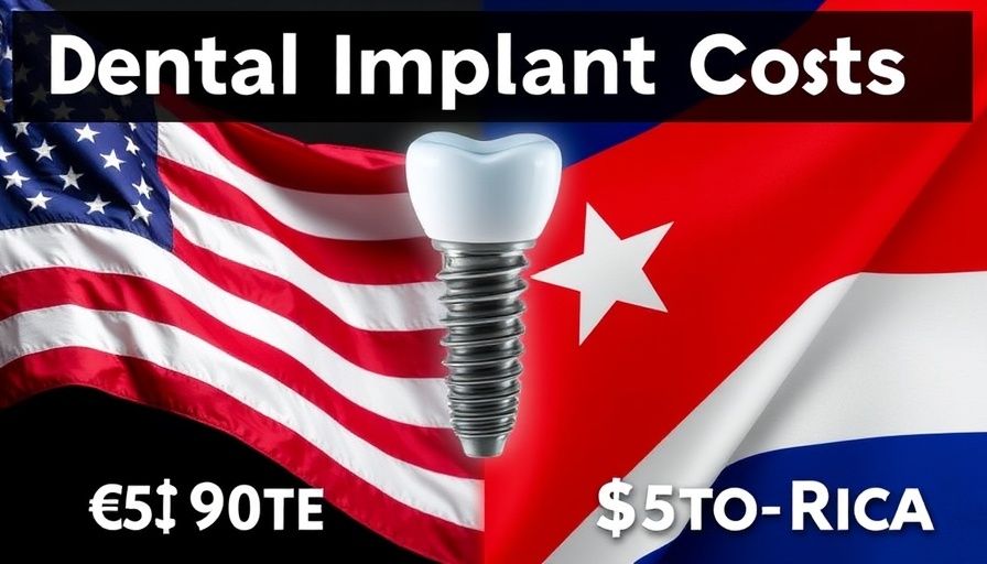 Dental implant cost comparison USA vs. Costa Rica, photorealistic montage.