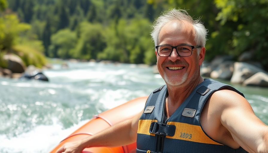 Cheerful man rafting in lush river environment.