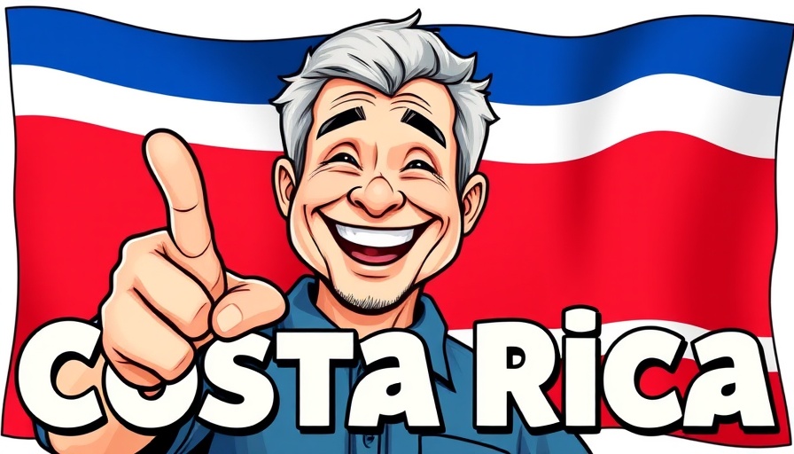 Cheerful man pointing with Costa Rica flag background, Dental tourism Costa Rica.
