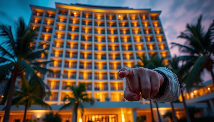 Modern tropical hotel at dusk with a man pointing.