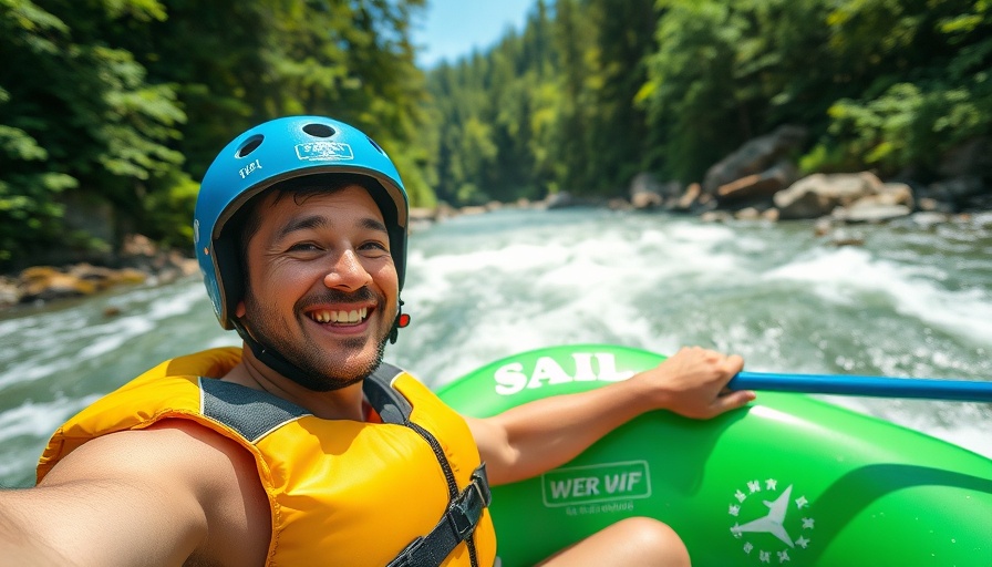 Man rafting with lush green river backdrop, saving on dental implants abroad.