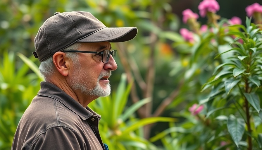 Middle-aged man in glasses talking in a garden, natural setting.