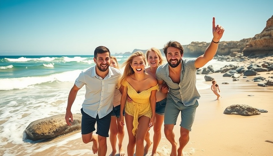 Family on Mexican beach with healthcare overlay, cinematic scene.