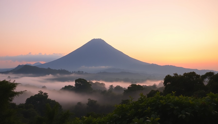Unfiltered sunrise view over Arenal Volcano with misty foreground.