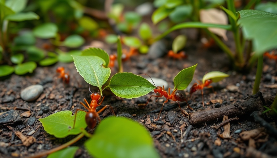 Leafcutter ants carrying leaves under an orange tree in Costa Rica.