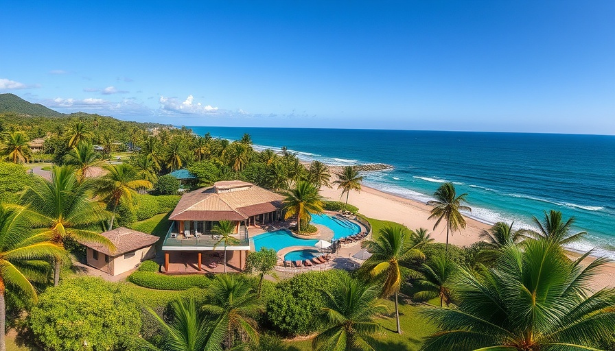 Aerial view of oceanfront condo in Guanacaste, Costa Rica, with beach.