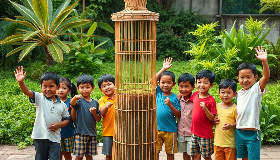 Children with DIY rain collection system in a lush garden.