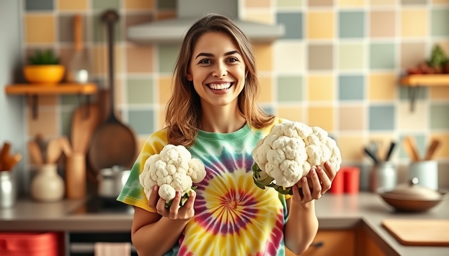 Smiling woman in a kitchen holding cauliflower, discussing grocery costs in Costa Rica.