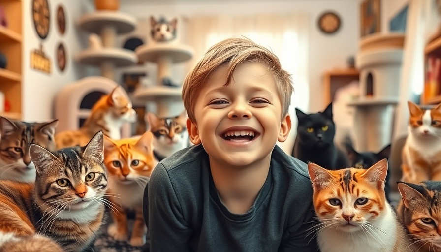 Boy smiling surrounded by cats at Pura Vida Cat Lounge.