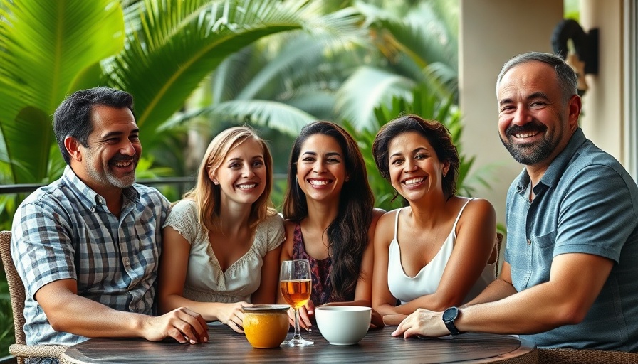 Happy family enjoying patio time, living in Costa Rica, lush tropical background.