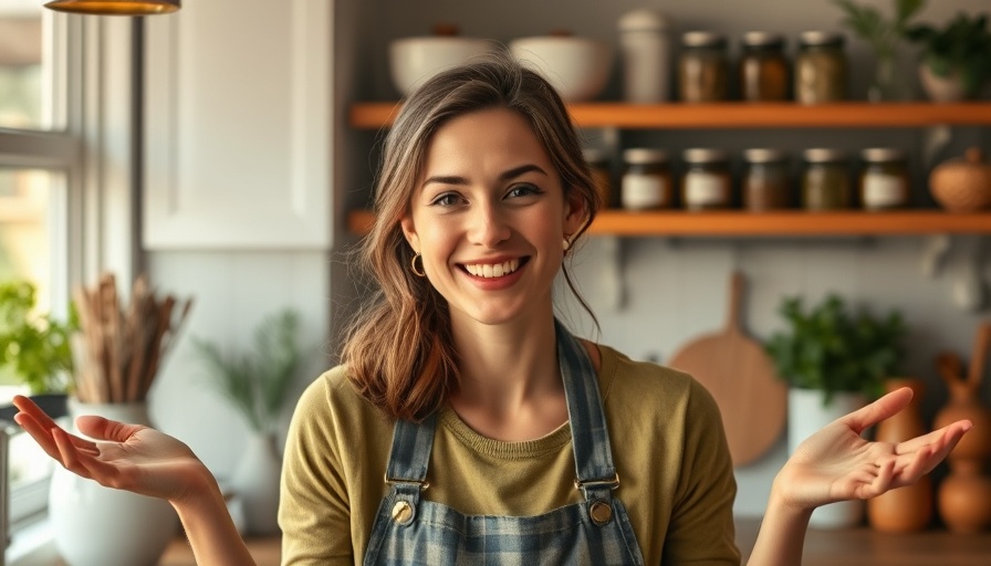 Woman sharing Wanlama Tea insights in a cozy kitchen.
