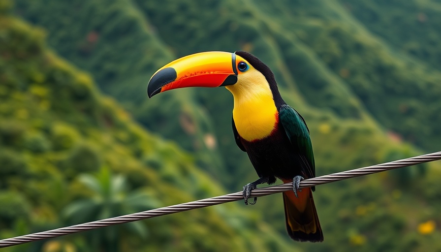 Wild toucan perched on a wire against green hills, vibrant nature scene.
