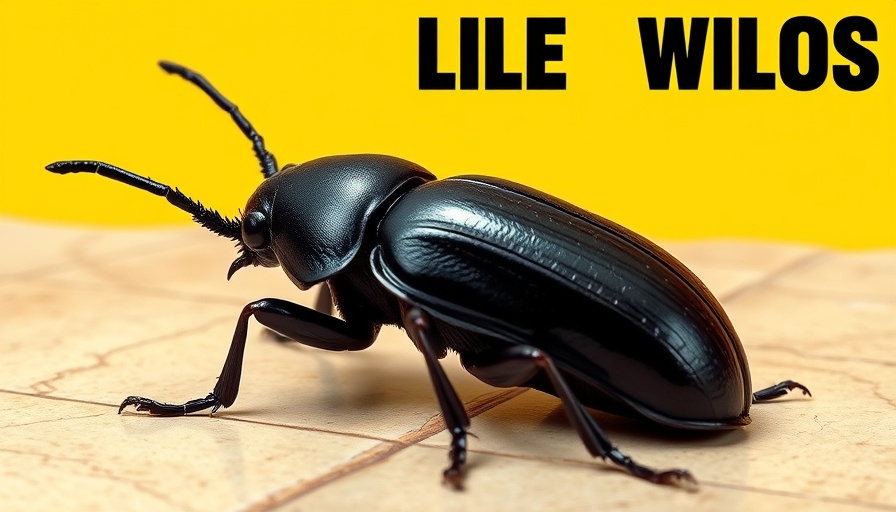 Giant Beetle in Costa Rica on tiled floor with yellow background.